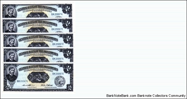 English Issue 2 Peso Rizal Sig3, 5 Consecutive  Banknote
