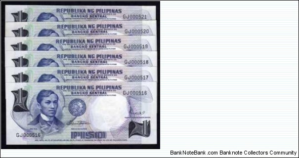 This issue is referred to as the Pilipino Issue. 6 Consecutive, very low #s, UNC. Since 1903 this is the second time that Dr Jose Rizal appears on a denomination other than a 2 Peso note. Banknote