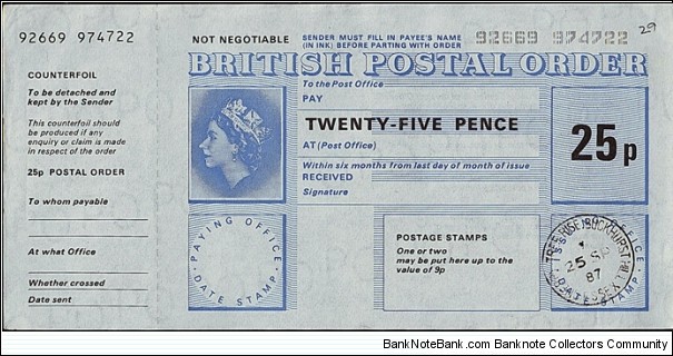 England 1987 25 Pence postal order.

Issued at Cherry-Tree Rise,Buckhurst Hill (Essex).

This post office is still open. Banknote