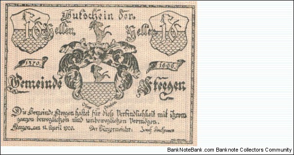 Steegen Austria 10 Hellers 11Apr1920 Notgeld Banknote