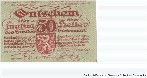 Gotschein Austria 50 Heller 29Feb1920  Banknote