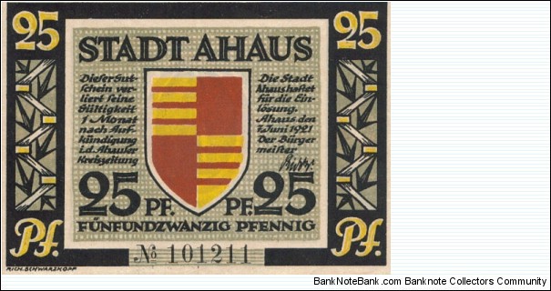 Ahaus Germany 25 Pfennig 7Jun1921 Notgeld Banknote