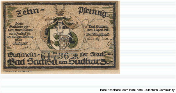 Bad Sadisa and Sudharz 10 pfennig 1Apr1921 Notgeld Banknote