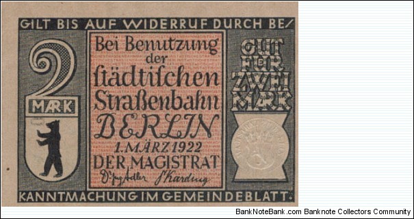 Berlin Germany 2 Marks 1Mar1922 Notgeld Banknote
