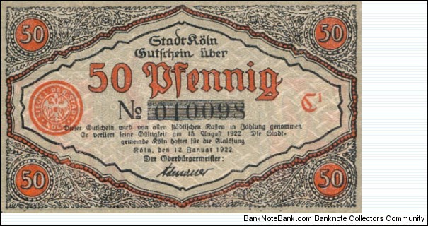 Koln 50pfennig 12Jan1922 Notgeld Banknote