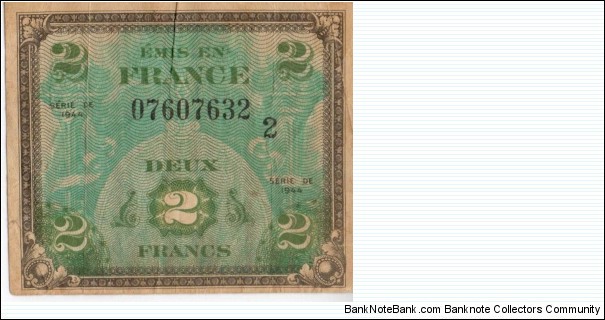 Allied Military Currency Series 1944 DE 2 Francs Banknote