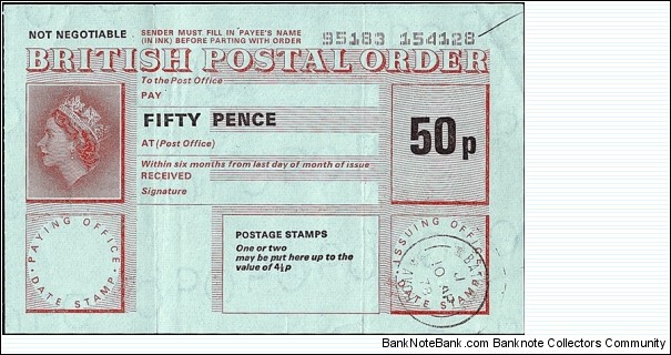 England 1978 50 Pence postal order.

Issued at Bath,Avon (now in Somerset). Banknote