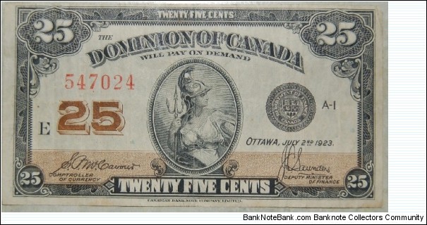 Dominion of Canada Twenty Five Cent Shinplaster Banknote