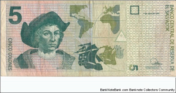 El Salvador 5 colones Columbus note Banknote