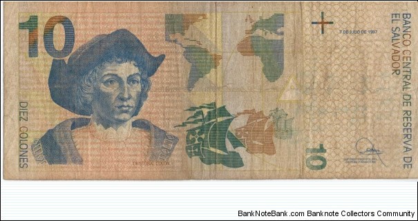 El Salvador 10 colones Columbus note - Christmas greeting from ccg Banknote