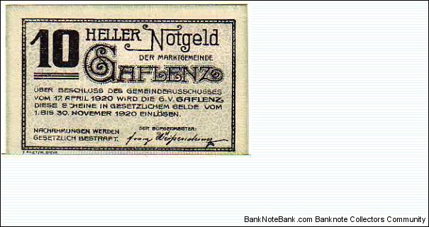 *NOTGELD*__10 Heller__pk# NL__Gaflenz Banknote