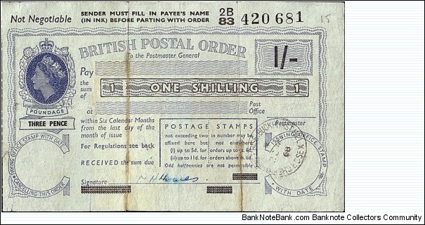 England 1968 1 Shilling postal order.

Issued at Cherry-Tree Rise,Buckhurst Hill (Essex).

The second half of a consecutively numbered pair. Banknote
