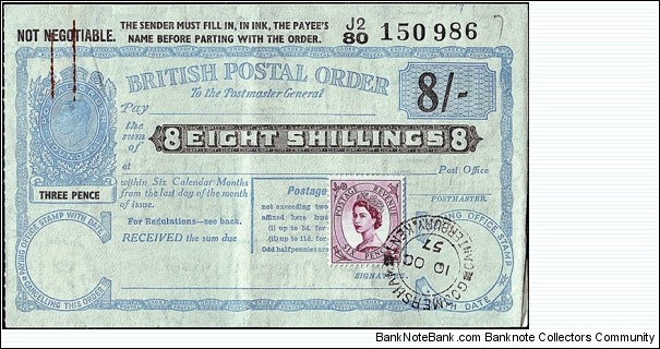 England 1957 8 Shillings postal order.

Issued at Godmersham,Canterbury (Kent).

King George VI Posthumous Issue under Queen Elizabeth II.

It is unusual to find a postal order with a stamp tied by way of the issuing post office's datestamp. Banknote