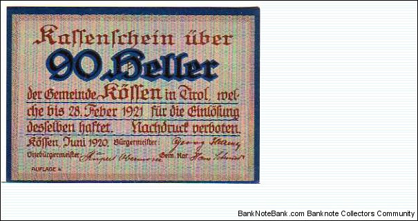 *NOTGELD*__90 Heller__pk# NL__Kossen in Tirol__31.01.1921__4° Auflage Banknote