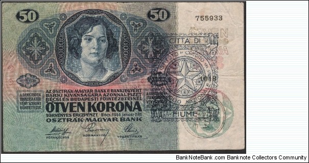 Fiume PS112d 50 kronen 1914 (1921) Banknote