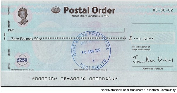Fiji 2012 50 Pence postal order.

Issued at Government Buildings Post Office (Suva). Banknote