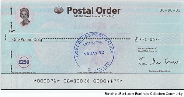 Fiji 2012 1 Pound postal order.

Issued at Government Buildings Post Office (Suva). Banknote