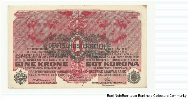 AustroHungary 1 Krone 1916-DeutschÖsterreich overstrike Banknote