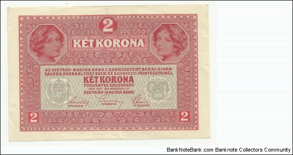AustroHungary 2 Krone 1917-DeutschÖsterreich overstrike Banknote