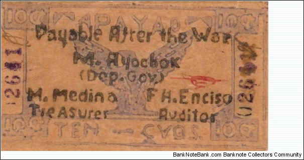 P-103 Unlisted lavender Apayao Philippines 10 centavo note on stiff brown paper, 2-3. Banknote