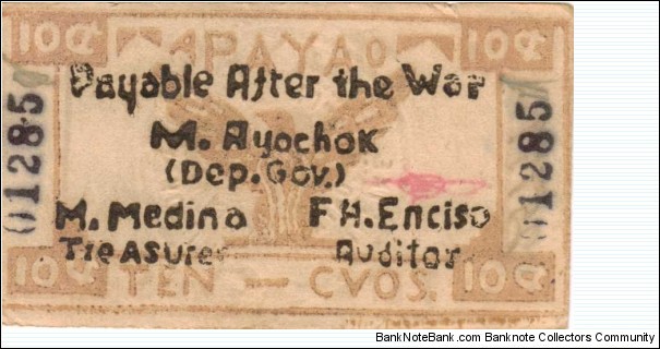 P-103a Apayao Philippines lavender 10 centavos note, 8-9. Banknote