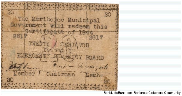 BOH-663 RARE Maribojoc, Bohol 20 centavos note. Banknote