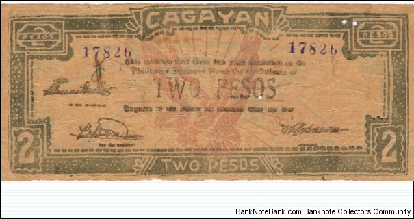 P-189 Cagayan 2 Pesos note with inverted reverse. Banknote