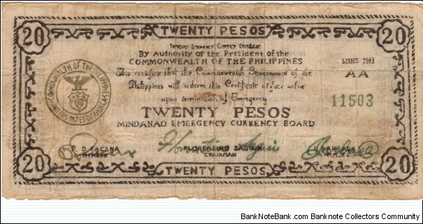 P-499x Mindanao 20 Pesos counterfeit note. Banknote