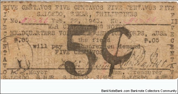 SMR-771a RARE Salcedo, Samar 5 centavos note. Banknote