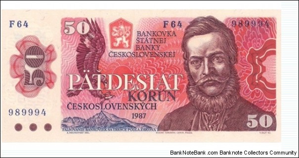 50 Korun  
1987. Brown-violet and blue on red and orange underprint. Ludovít Stúr at right, shield and spotted eagle at right. Back: Bratislava castle and town view. Printer: STC-Prague.
a. Series prefix: F.
 Banknote
