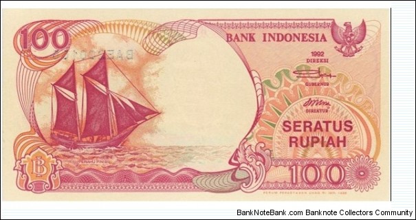 100 Rupiah 
1992-2000. Pale red on orange and multicolor underprint. Sailboat Pinisi at left. Arms at upper right area. Back: Volcano Anak Krakatau at right. Watermark: Ki Hajar Dewantara. Printer: Perum Percetakan Uang. UV: fibers fluoresce yellow and red.
 Banknote