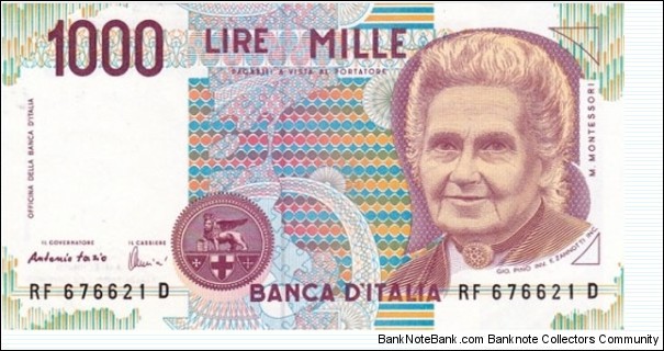 1000 Lire  
D.1990. Red-violet and multicolor. M. Montessori at right. Seal: Type C. Back: Teacher and student at left center. Watermark: M. Montessori. UV: fibers fluoresce yellow.
 Banknote