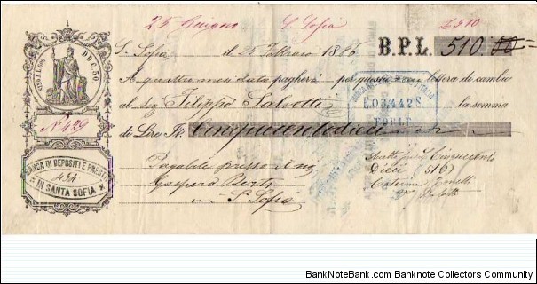 *Kingdom of Italy*__Lire 510__pk# NL__Debt Securities (Promissory Note-B.P.L)__23.02.1886__S.Sofia (Forlì)__stamp 