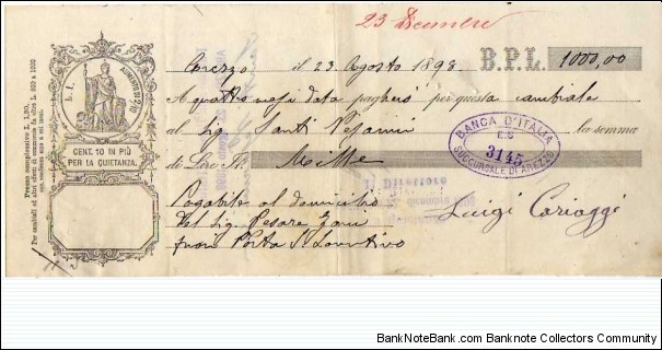 *Kingdom of Italy*__Lire 1000__pk# NL__Debt Securities (Promissory Note-B.P.L)__23.08.1899__Arezzo__stamp 