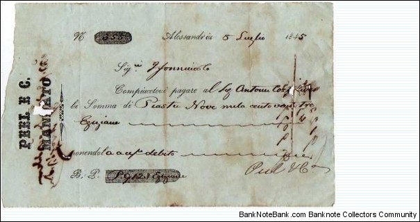 *Kingdom of Egypt*__Cheque__9123 Egyptian Piastres__05.07.1845__Alexandria__