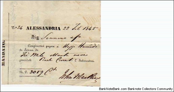 *Kingdom of Egypt*__Cheque__3089 Egyptian Piastres__22.07.1845__Alexandria__Italian Text  Banknote