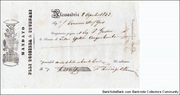 *Kingdom of Egypt*__Cheque__500 Tallari__08.04.1843__Alexandria__