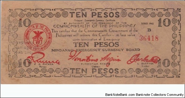 S-488b Mindanao emergency Currency Board 10 Pesos note with stray overprint from another note on front and back. Banknote