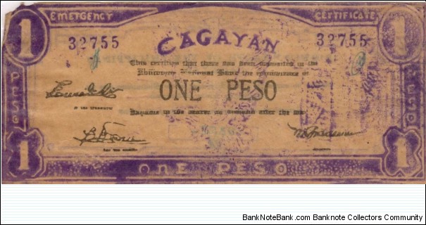 S-186 Cagayan 1 Peso note with extra eagle print on right side of note. Banknote