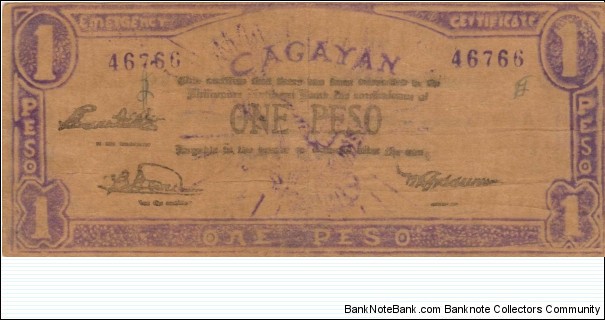 S-186 Cagayan 1 Peso note with stray upside down eagle print on reverse. Banknote