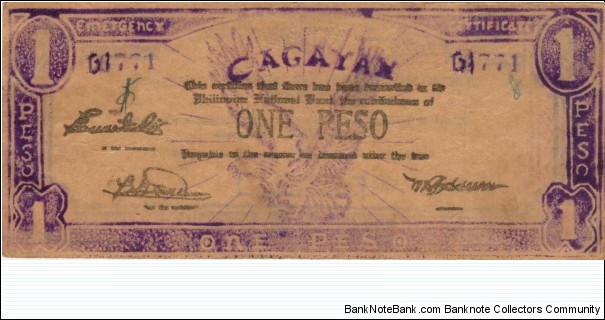 S-186 Cagayan 1 Peso note with hand corrected serial number. Banknote