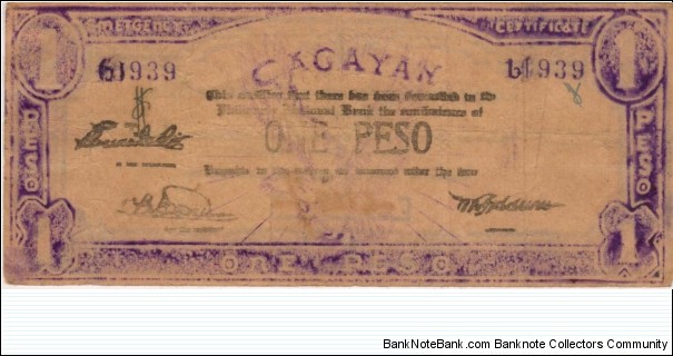 S-186 Cagayan 1 Peso note with hand corrected serial number. Banknote