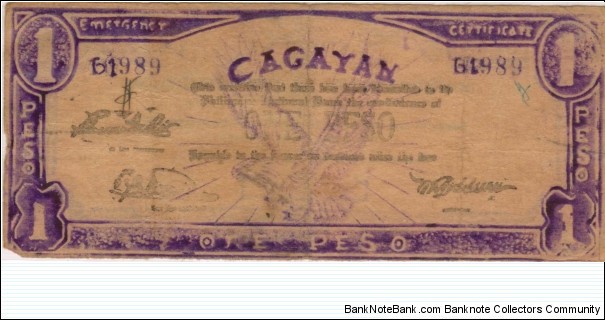 S-186 Cagayan 1 Peso note with hand corrected serial number. Banknote