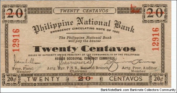 S-622a Philippine National Bank Negros Occidental 20 Centavos note. Banknote