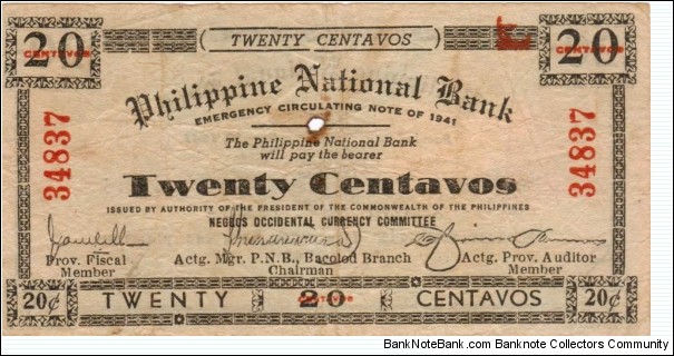 S-622b Philippine National Bank Negros Occidential 20 Centavos note. Banknote