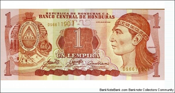 1 Lempira  
Dark red on multicolor underprint. Arms at left, Lempira at right, brown serial number with ascending size serial number at upper left. Back: Ruins of Copan. Printer: F-CO. UV: fibers fluoresce blue and yellow, 1 in box yellow.
 Banknote