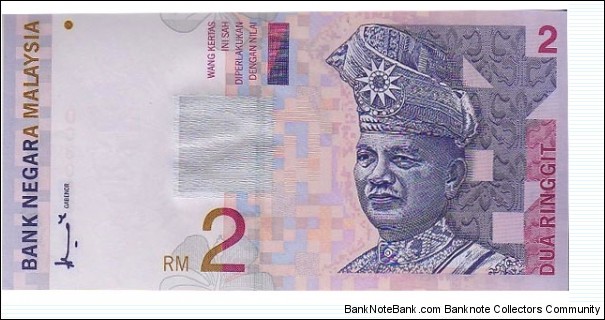 2 Ringgit  
ND (1996-99). Purple and red-violet on multicolor underprint. T. A. Rahman at right. Ascending size serial number. Back: Modern tower at left, communications satellite at upper center. Watermark: T. A. Rahman. Printer: NBM (without imprint).
 Banknote