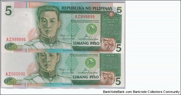 PHILIPPINES CORY AQUINO ADMINITRATION, ERROR BANKNOTE, PART OF A SET, BUT ENDING IS AZ000000 INSTEAD OF AZ1000000 Banknote