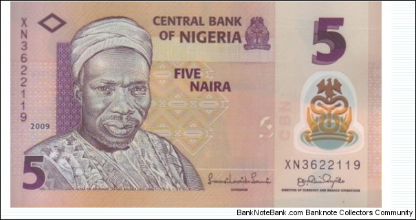 5 Naira  
2009 Brown and orange. Alhaji Sir Abubakar Tafawa Salewa at left. Back: Drum players
 
 Banknote