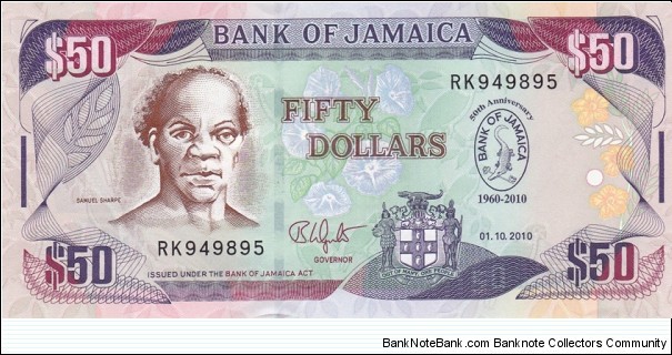 Jamaica PNew (50 dollar 1/10-2010) (Bank of Jamaica - 50th Anniversary) Banknote